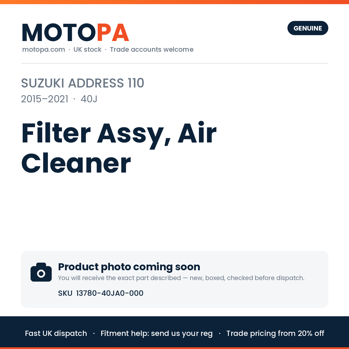 Genuine Suzuki Address 110 2015-2021 Filter Assy, Air Cleaner 13780-40JA0-000 | SKU 13780-40JA0-000 | photo coming soon
