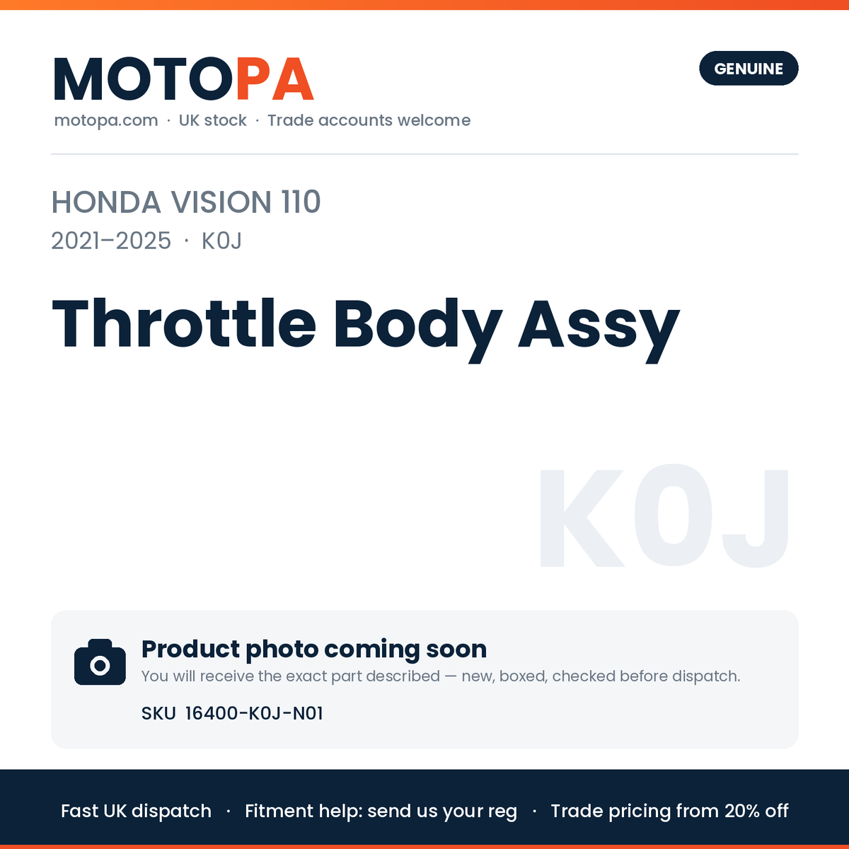 Genuine Honda Vision 110 2021-2025 Throttle Body Assy 16400-K0J-N01 | SKU 16400-K0J-N01 | photo coming soon