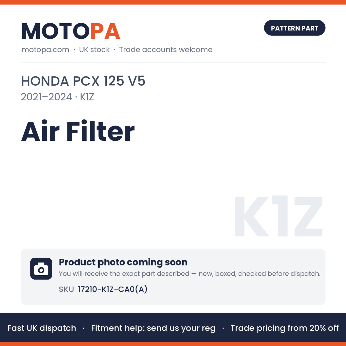 Fits Honda PCX 125 V5 2021-2024 Air Filter 17210-K1Z-CA0(A) | MotoPa