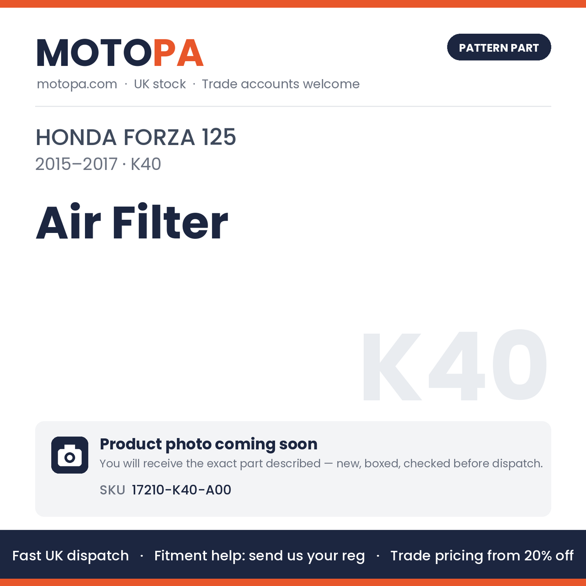 Fits Honda Forza 125 2015-2017 Air Filter 17210-K40-A00 | MotoPa