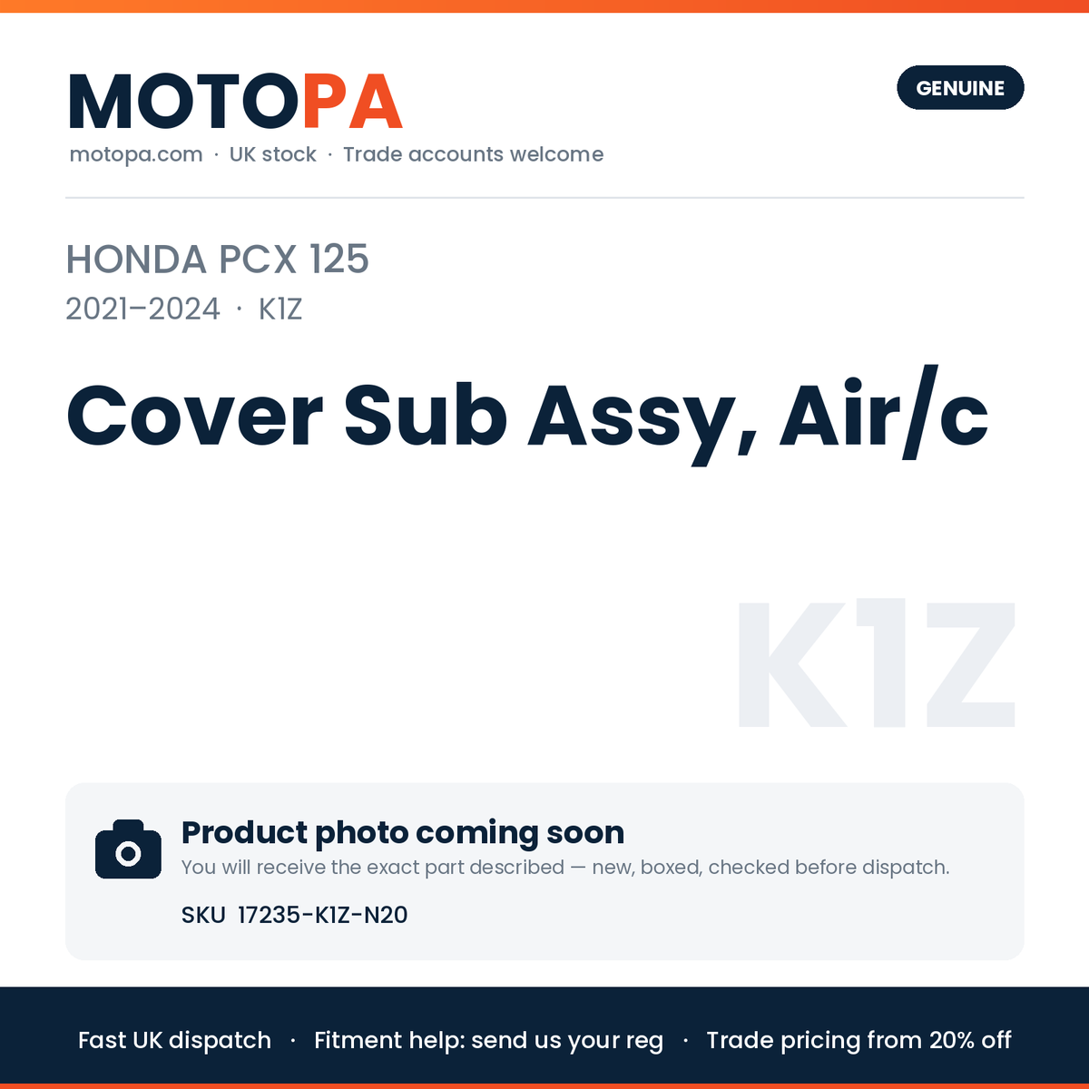 Genuine Honda PCX 125 2021-2024 Cover Sub Assy, Air/c 17235-K1Z-N20 | SKU 17235-K1Z-N20 | photo coming soon