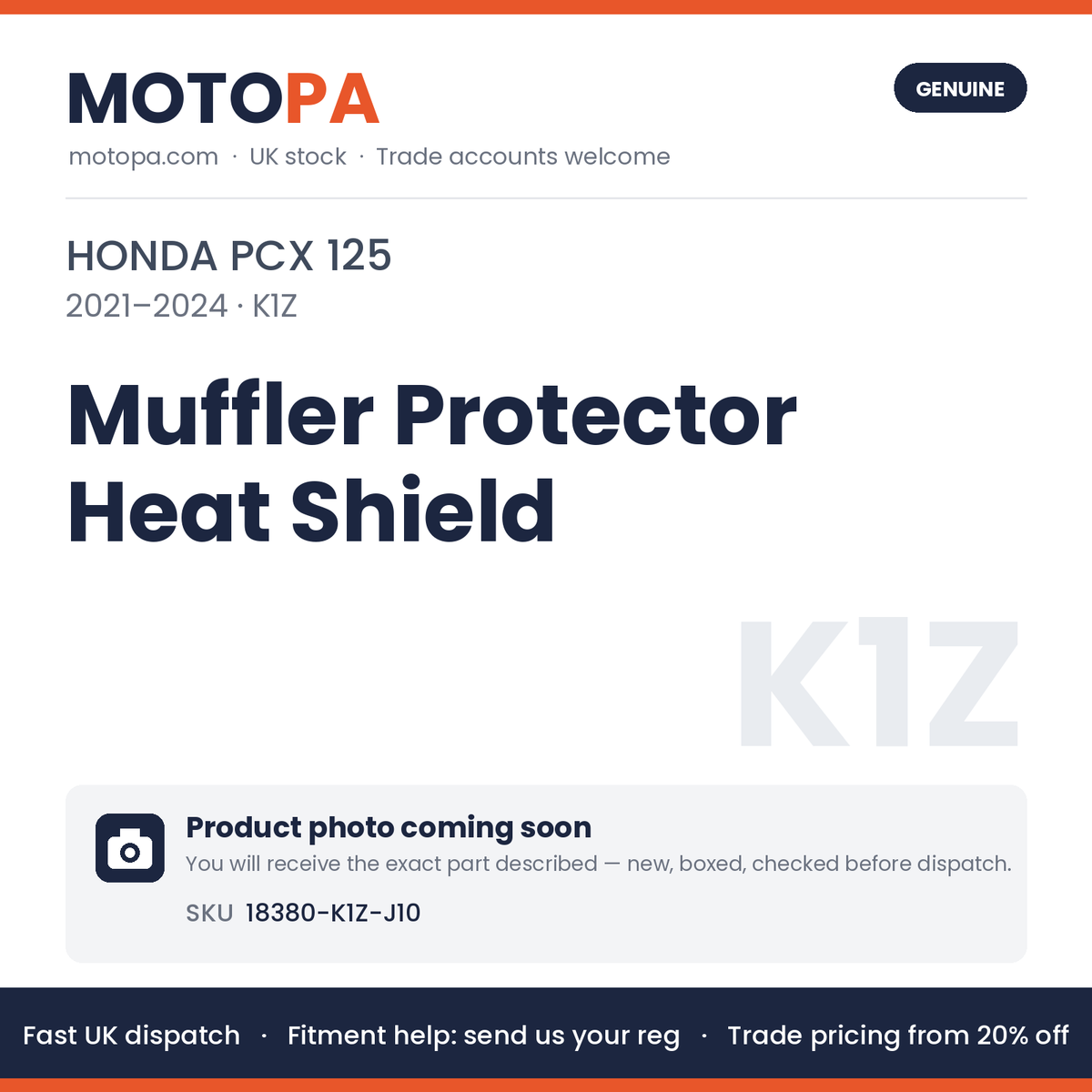Genuine Honda PCX 125 2021-2024 Muffler Protector Heat Shield 18380-K1Z-J10 | SKU 18380-K1Z-J10 | photo coming soon