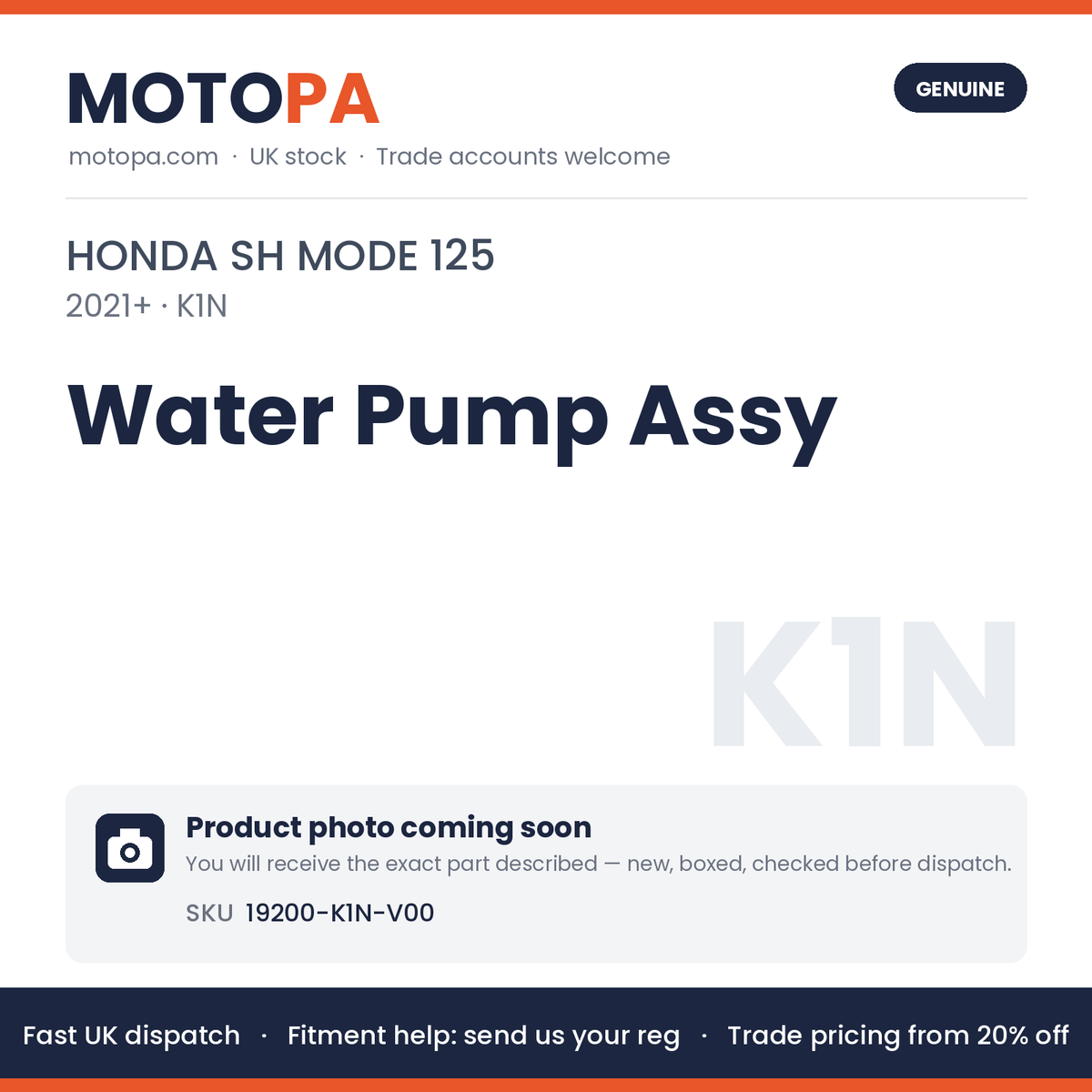 Genuine Honda SH Mode 125 2021+ Water Pump Assy 19200-K1N-V00 | SKU 19200-K1N-V00 | photo coming soon