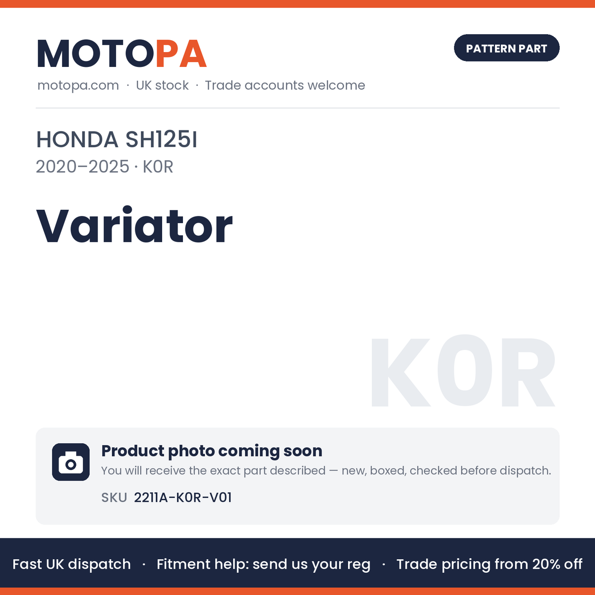 Fits Honda SH125i 2020-2025 Variator 2211A-K0R-V01 | MotoPa