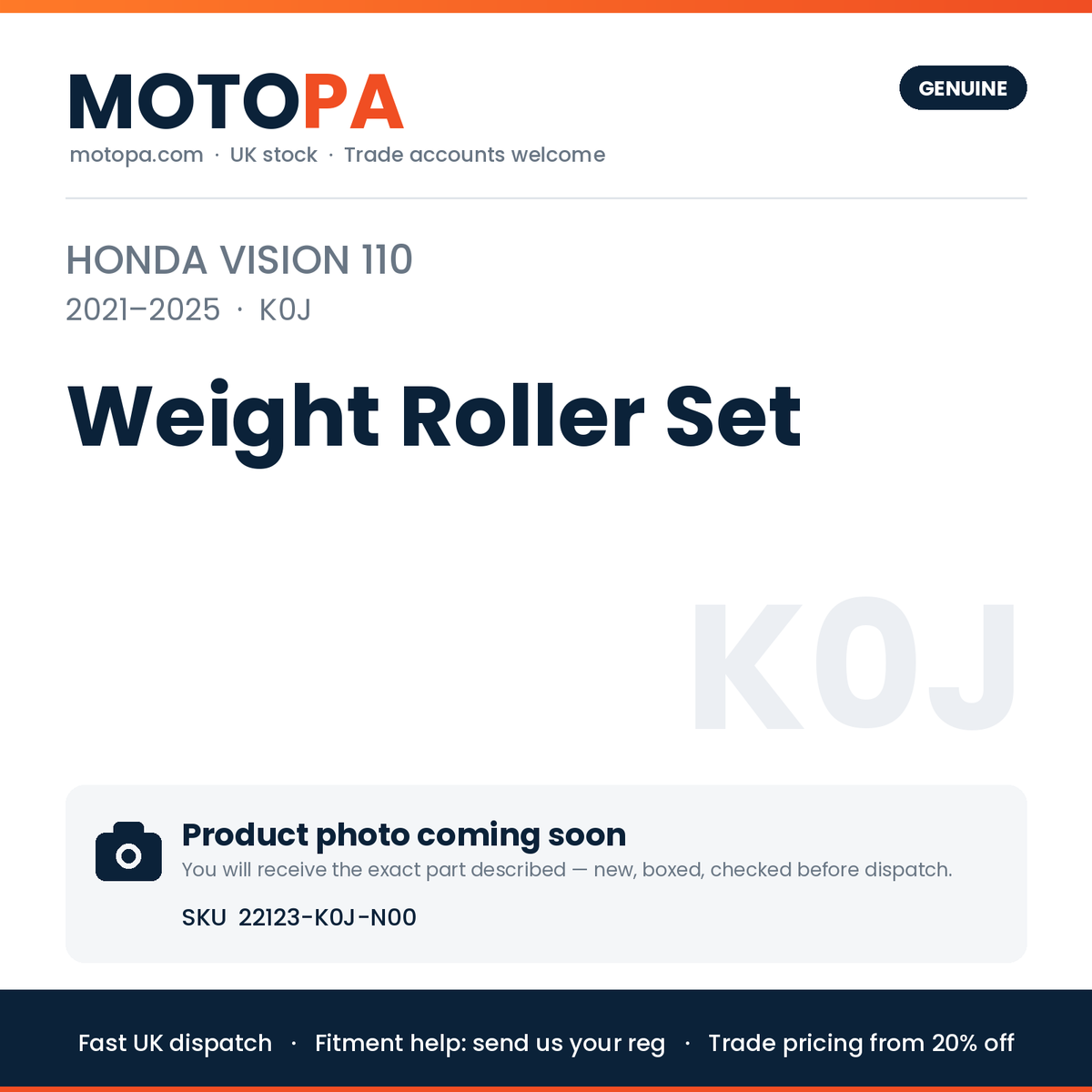 Genuine Honda Vision 110 2021-2025 Weight Roller Set 22123-K0J-N00 | SKU 22123-K0J-N00 | photo coming soon
