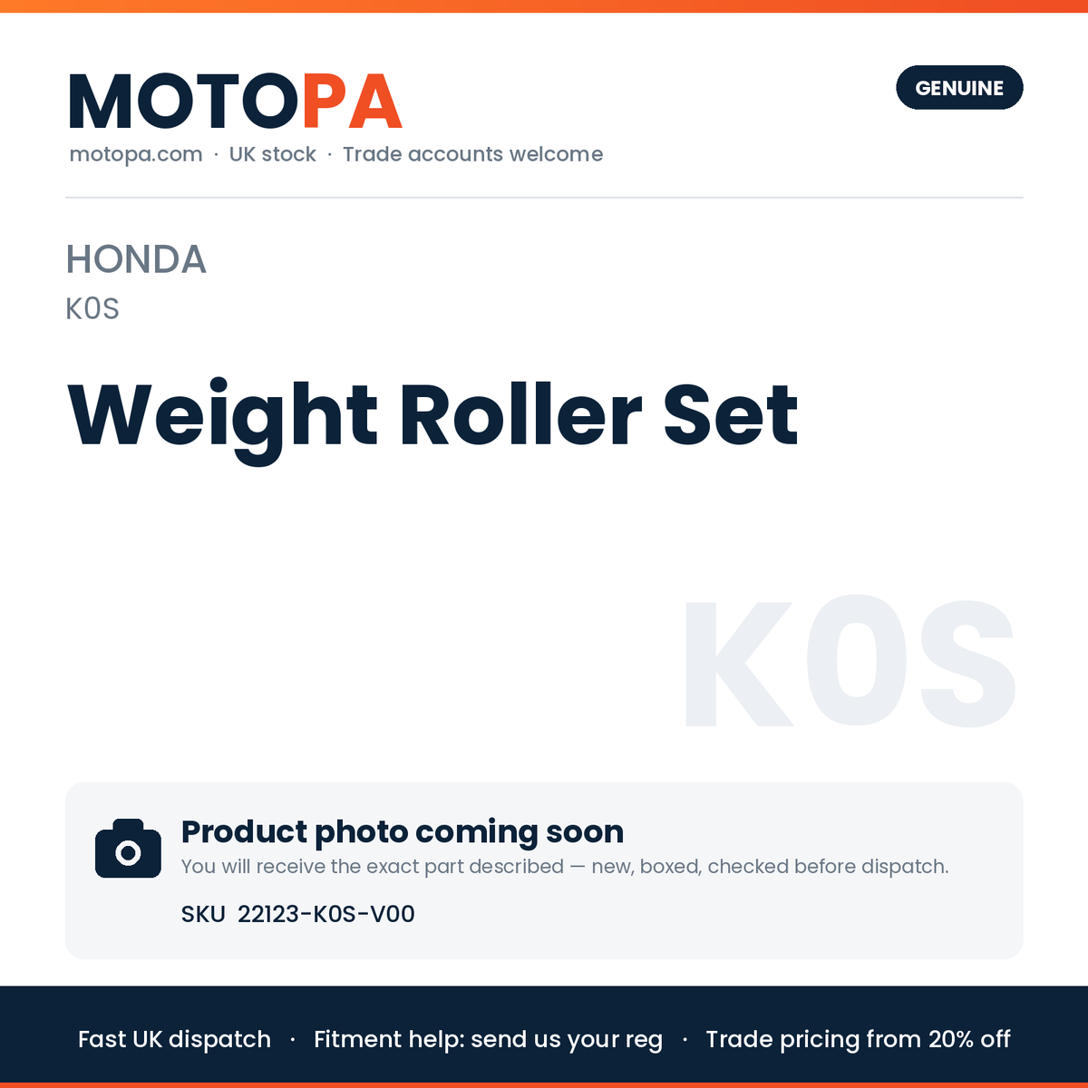 Genuine Honda Honda (import) Weight Roller Set 22123-K0S-V00 | SKU 22123-K0S-V00 | photo coming soon