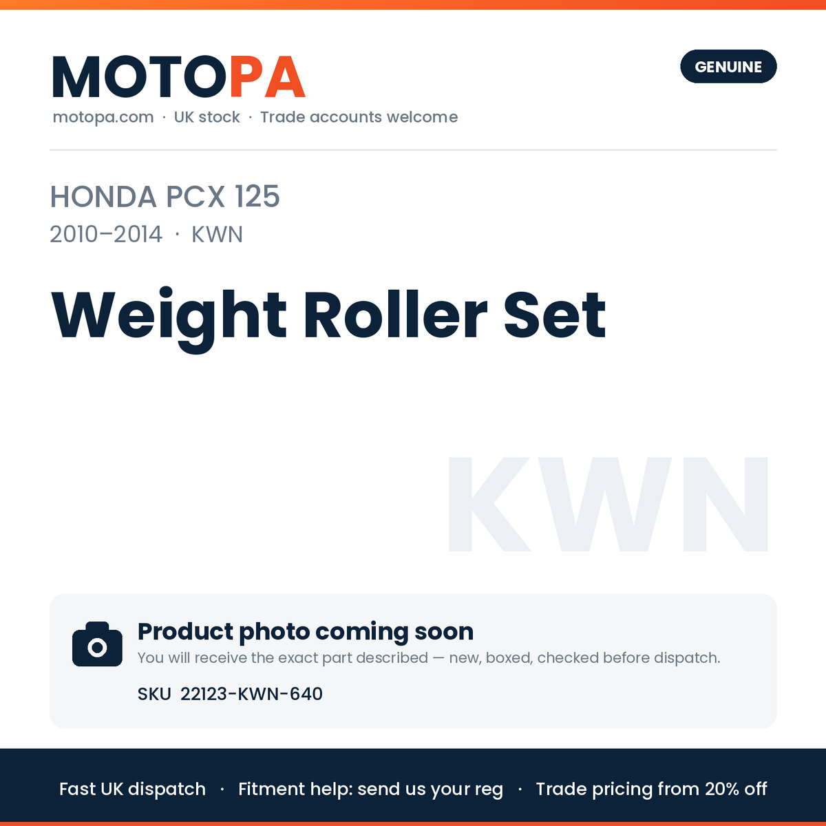 Genuine Honda PCX 125 2010-2014 Weight Roller Set 22123-KWN-640 | SKU 22123-KWN-640 | photo coming soon