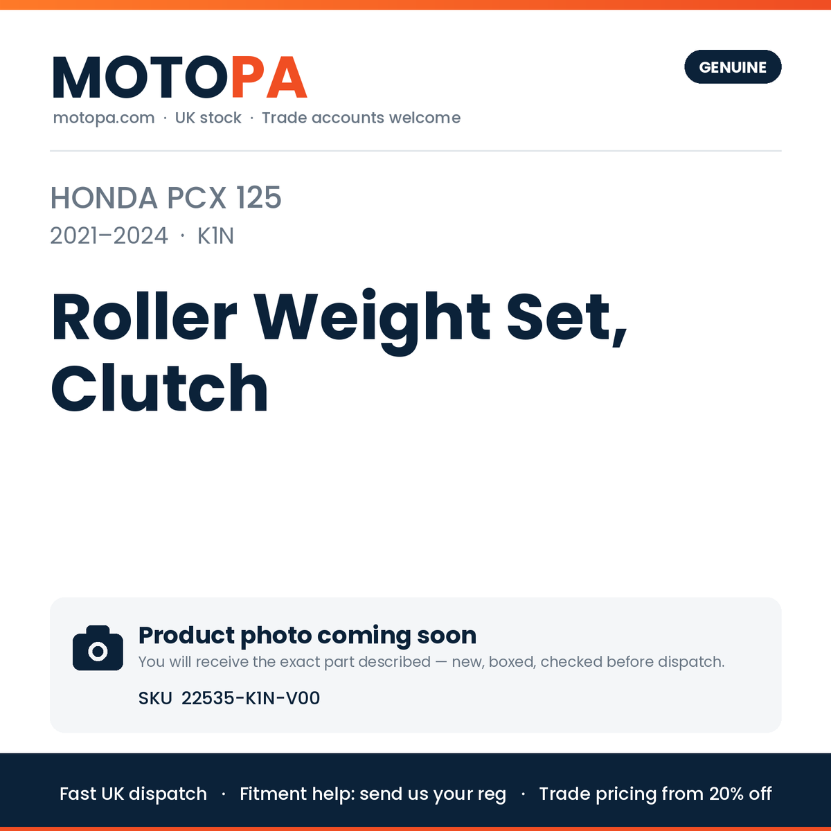 Genuine Honda PCX 125 2021-2024 Roller Weight Set, Clutch 22535-K1N-V00 | SKU 22535-K1N-V00 | photo coming soon