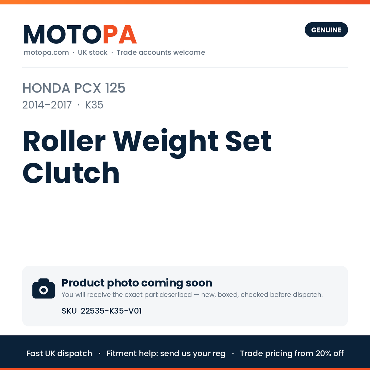 Genuine Honda PCX 125 2014-2017 Roller Weight Set Clutch 22535-K35-V01 | SKU 22535-K35-V01 | photo coming soon