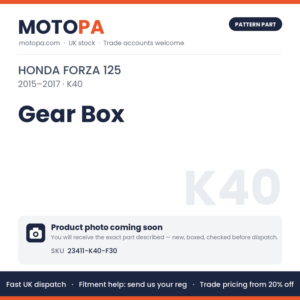 Fits Honda Forza 125 2015-2017 Gear Box 23411-K40-F30 | MotoPa