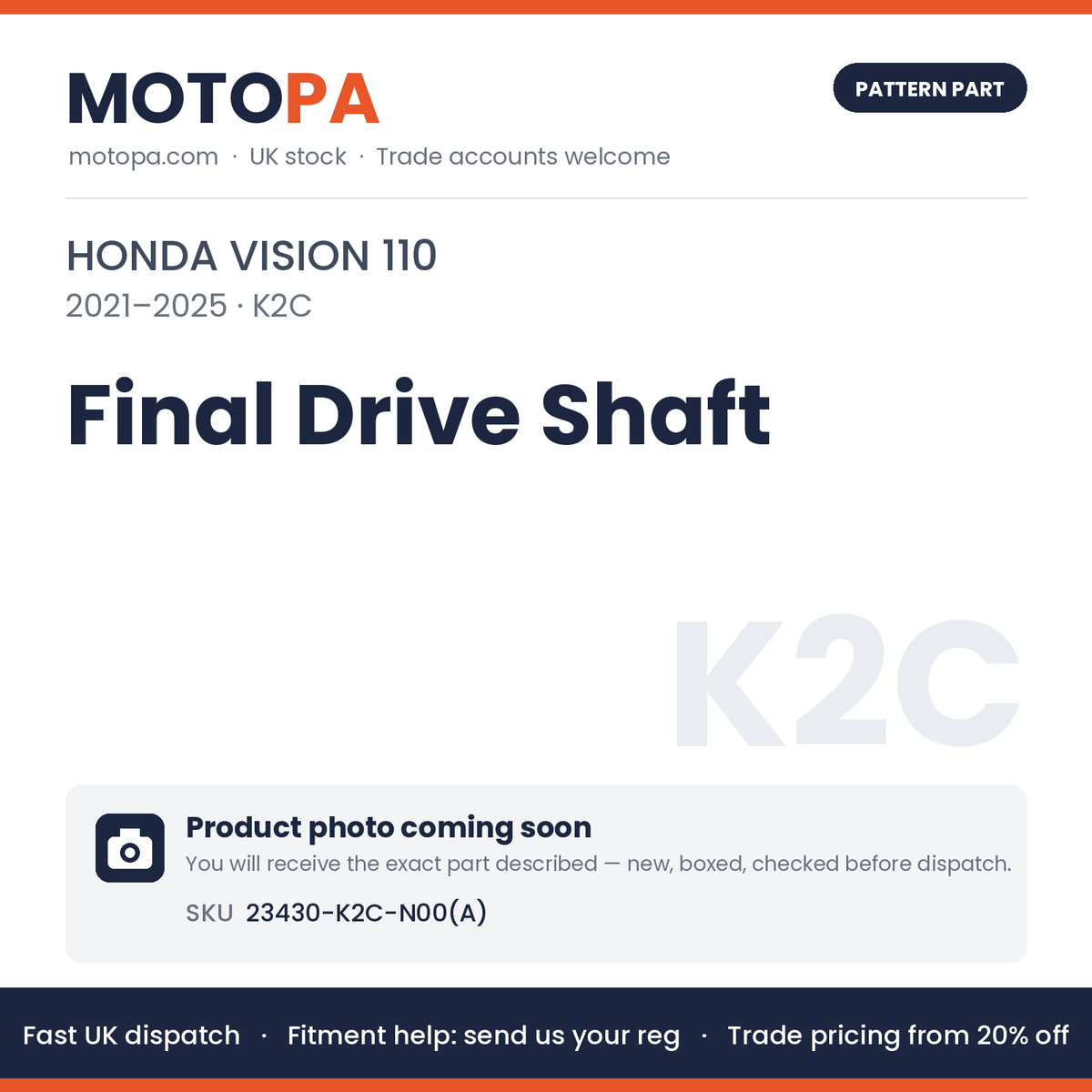 Fits Honda Vision 110 2021-2025 Final Drive Shaft 23430-K2C-N00(A) | MotoPa