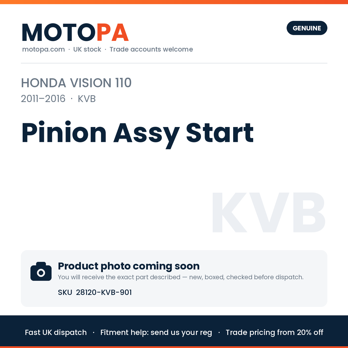 Genuine Honda Vision 110 2011-2016 Pinion Assy Start 28120-KVB-901 | SKU 28120-KVB-901 | photo coming soon