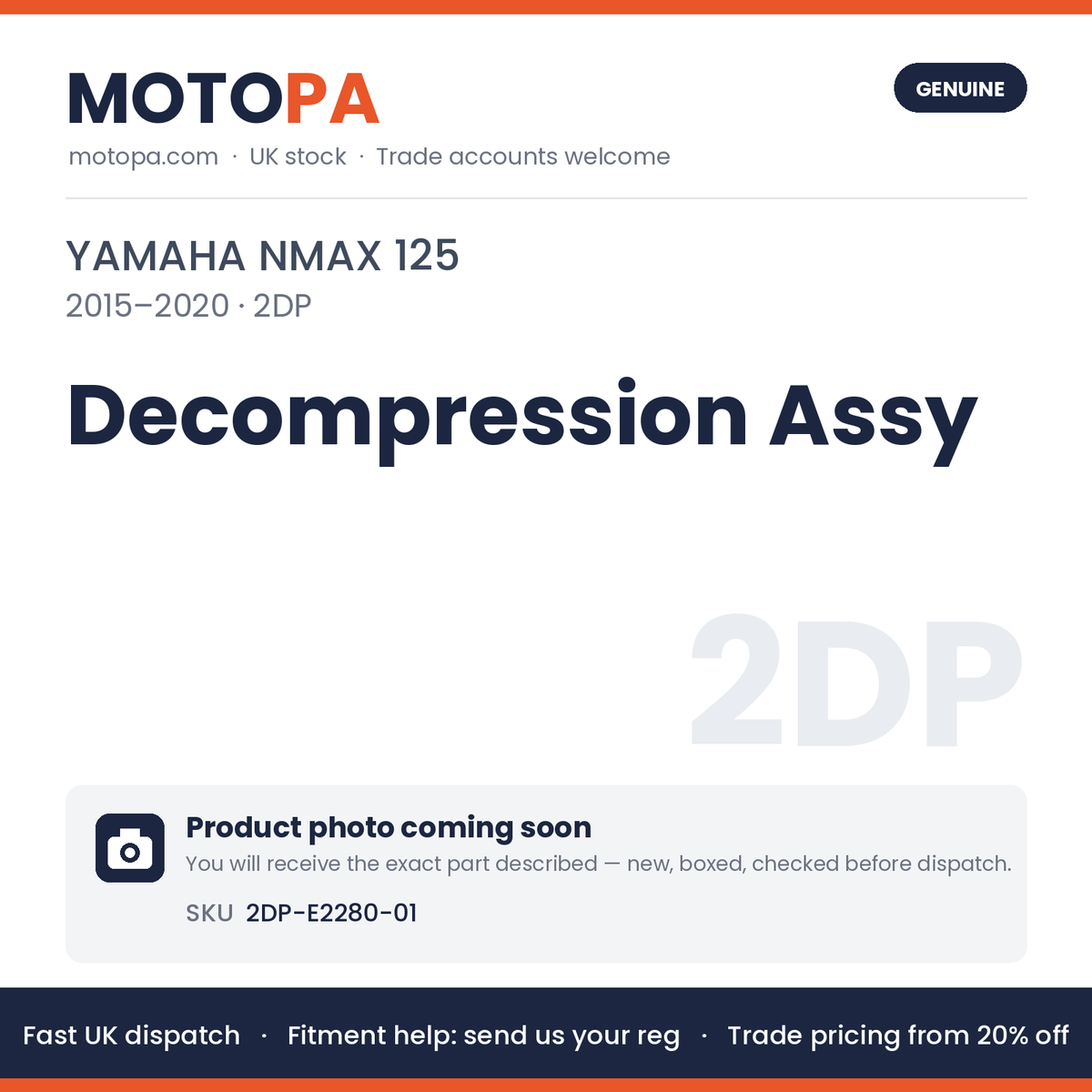 Genuine Yamaha NMAX 125 2015-2020 Decompression Assy 2DP-E2280-01 | SKU 2DP-E2280-01 | photo coming soon