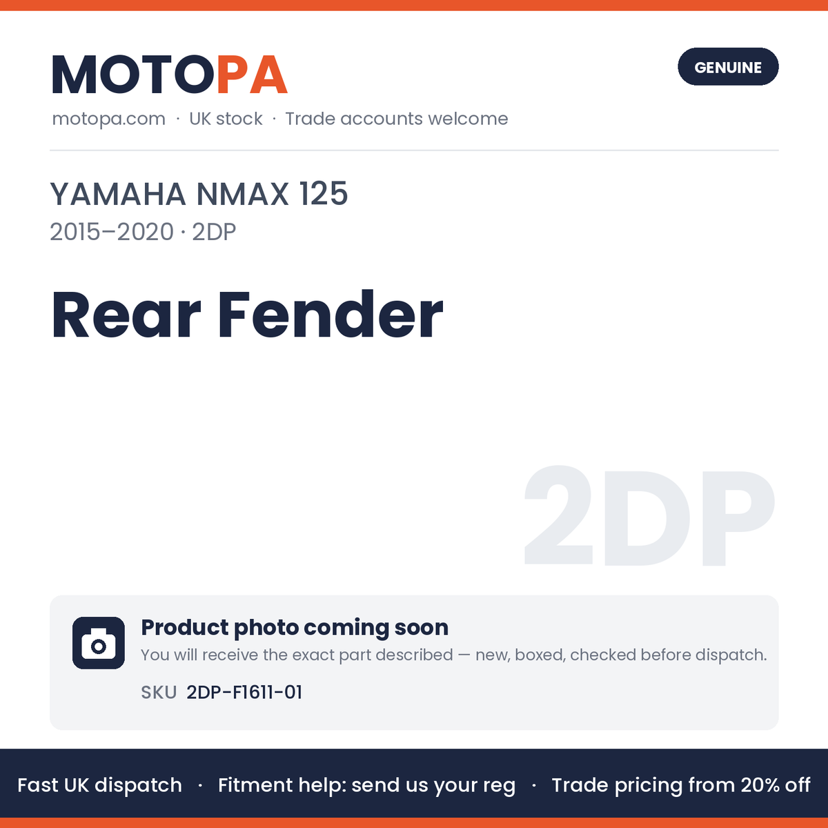 Genuine Yamaha NMAX 125 2015-2020 Rear Fender 2DP-F1611-01 | SKU 2DP-F1611-01 | photo coming soon