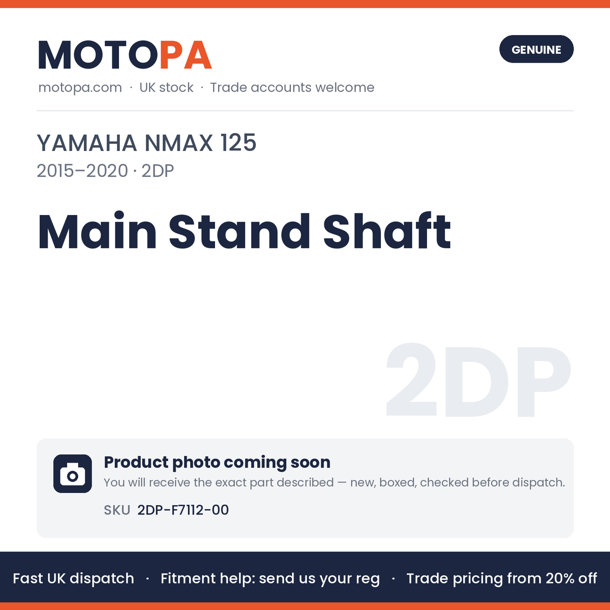 Genuine Yamaha NMAX 125 2015-2020 Main Stand Shaft 2DP-F7112-00 | SKU 2DP-F7112-00 | photo coming soon