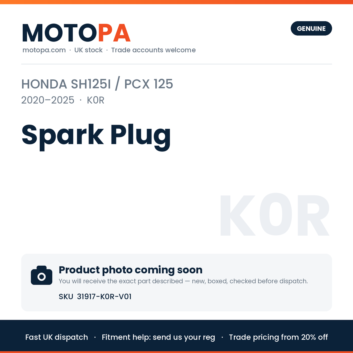 Genuine Honda SH125i / PCX 125 2020-2025 Spark Plug 31917-K0R-V01 | SKU 31917-K0R-V01 | photo coming soon
