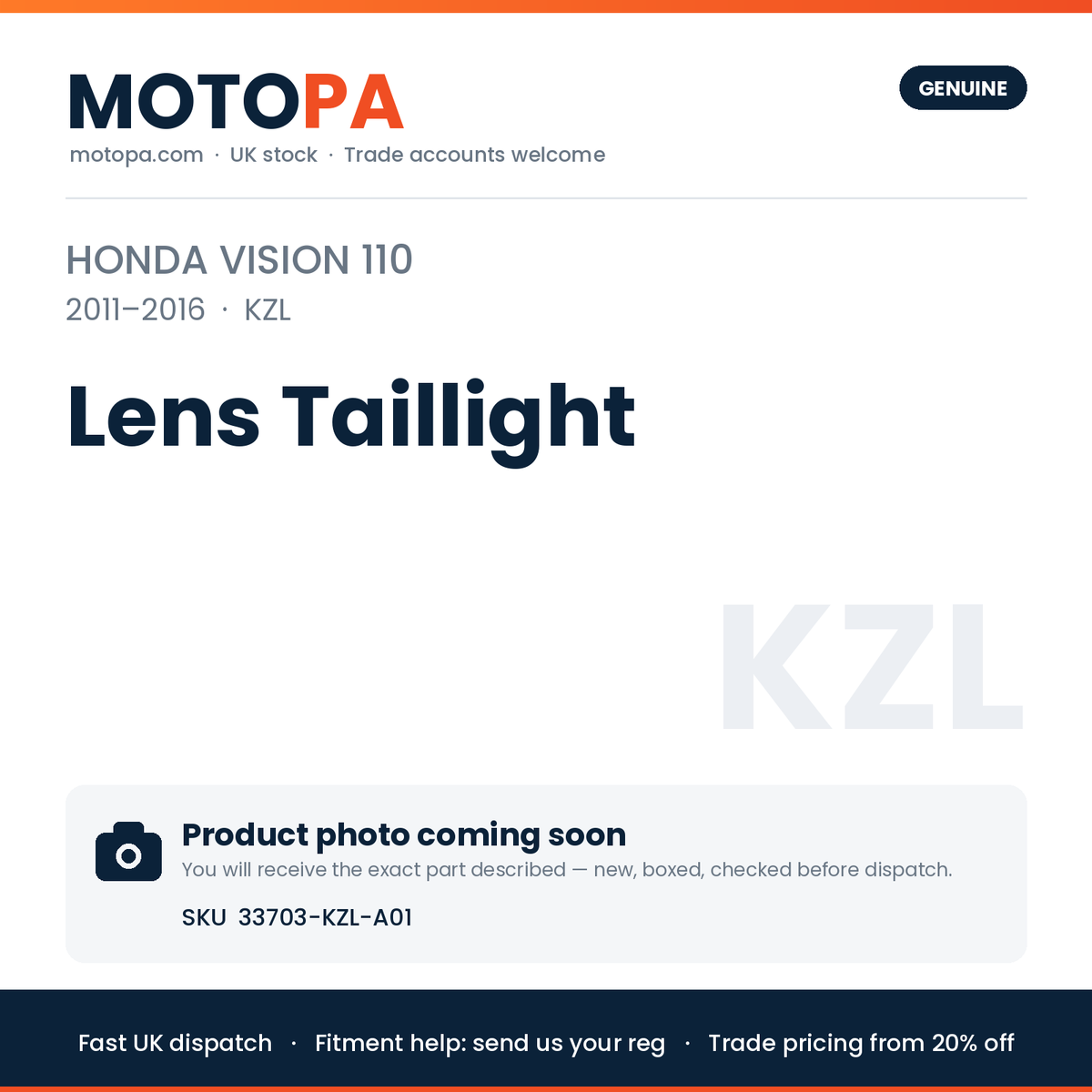 Genuine Honda Vision 110 2011-2016 Lens Taillight 33703-KZL-A01 | SKU 33703-KZL-A01 | photo coming soon