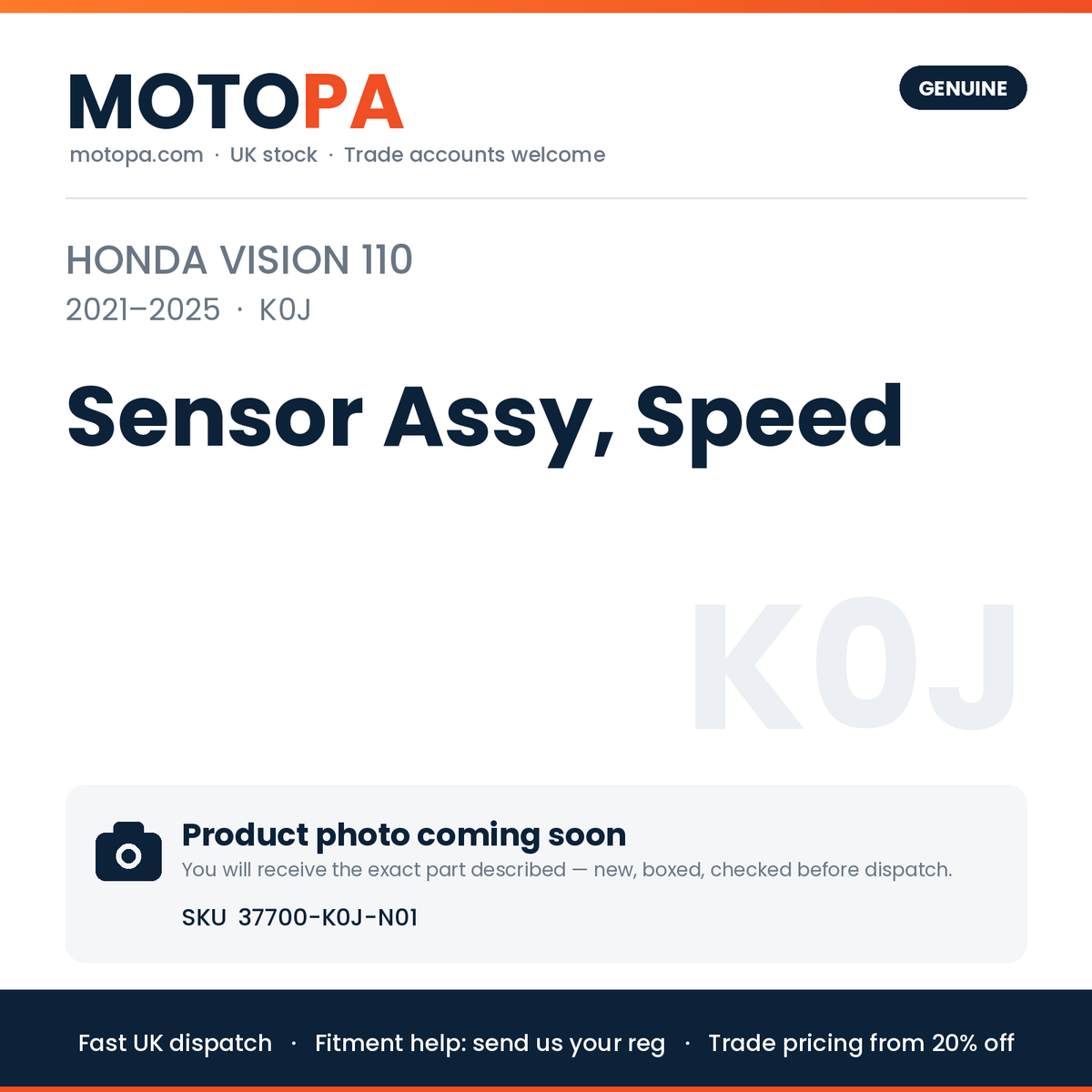 Genuine Honda Vision 110 2021-2025 Sensor Assy, Speed 37700-K0J-N01 | SKU 37700-K0J-N01 | photo coming soon