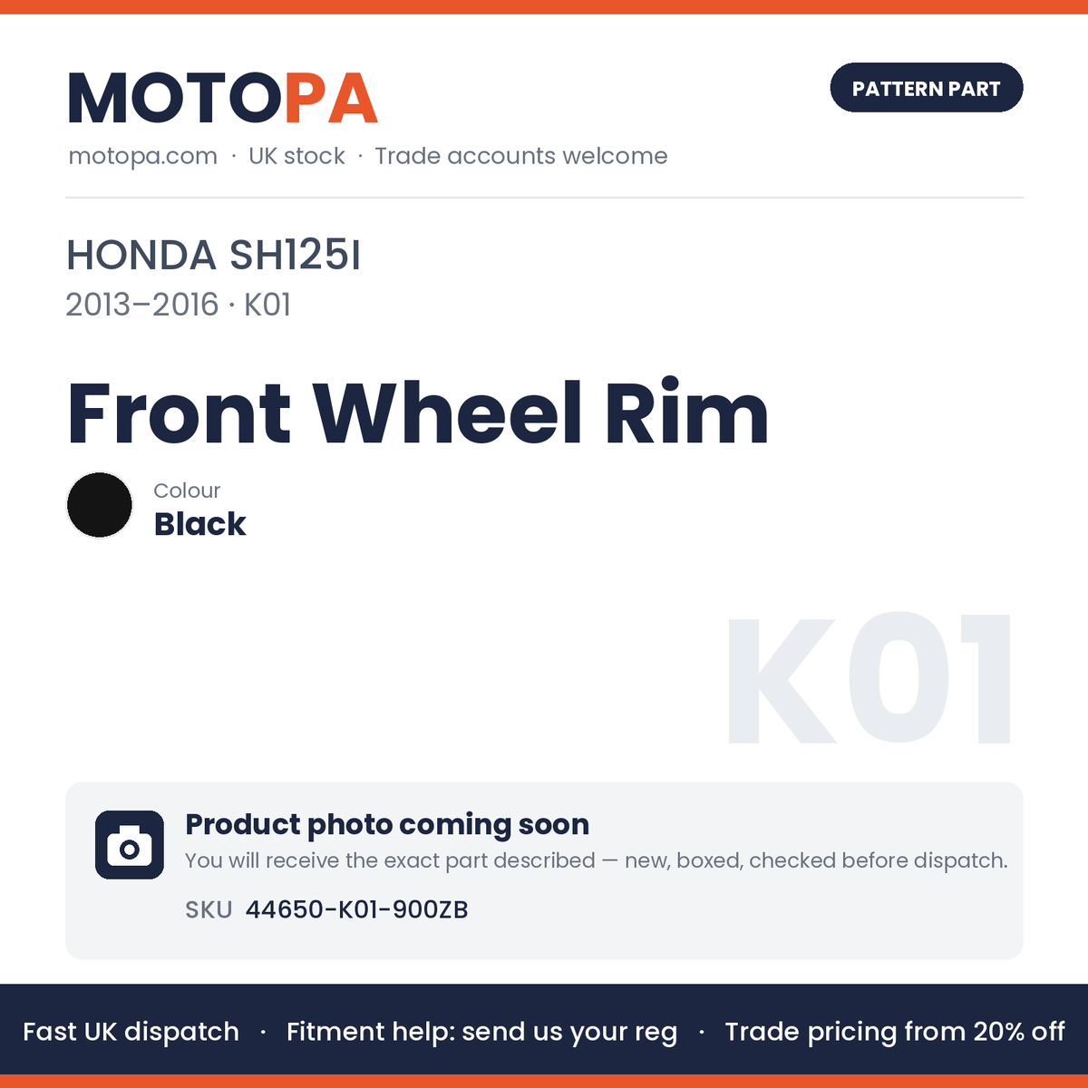 Fits Honda SH125i 2013-2016 Front Wheel Rim Black 44650-K01-900ZB | MotoPa