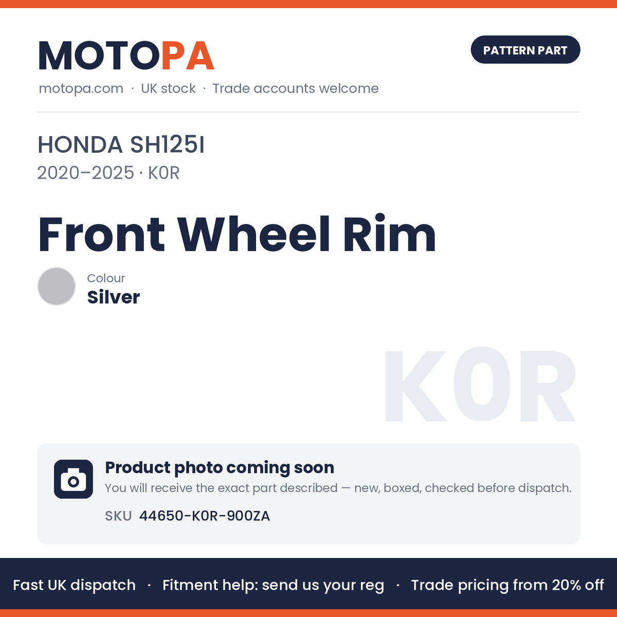 Fits Honda SH125i 2020-2025 Front Wheel Rim Silver 44650-K0R-900ZA | MotoPa