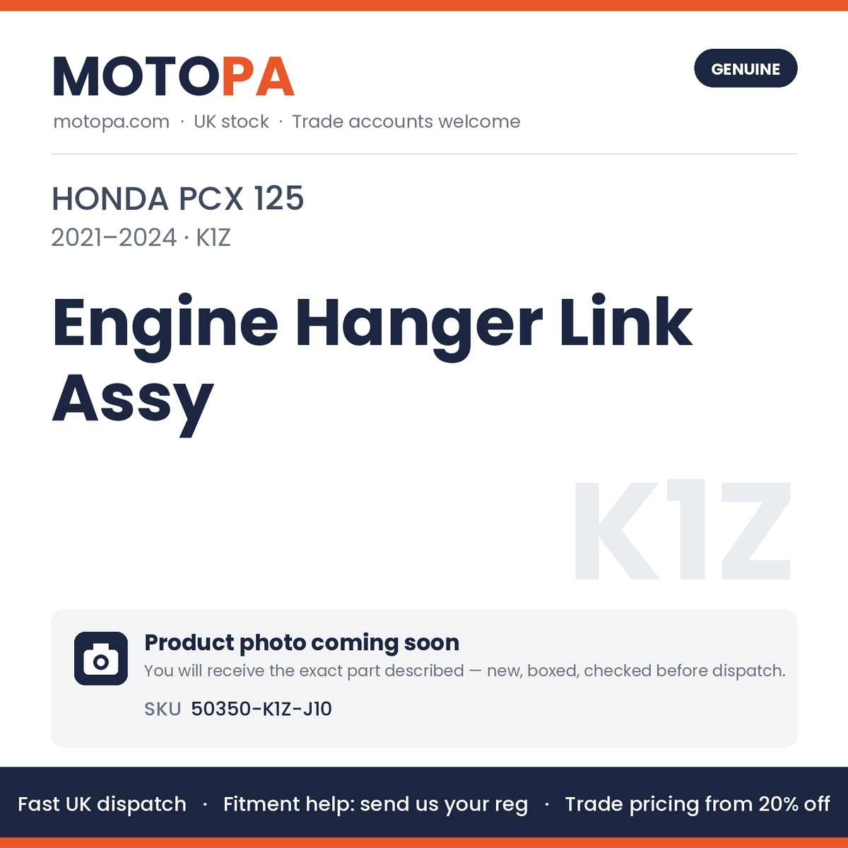 Genuine Honda PCX 125 2021-2024 Engine Hanger Link Assy 50350-K1Z-J10 | SKU 50350-K1Z-J10 | photo coming soon
