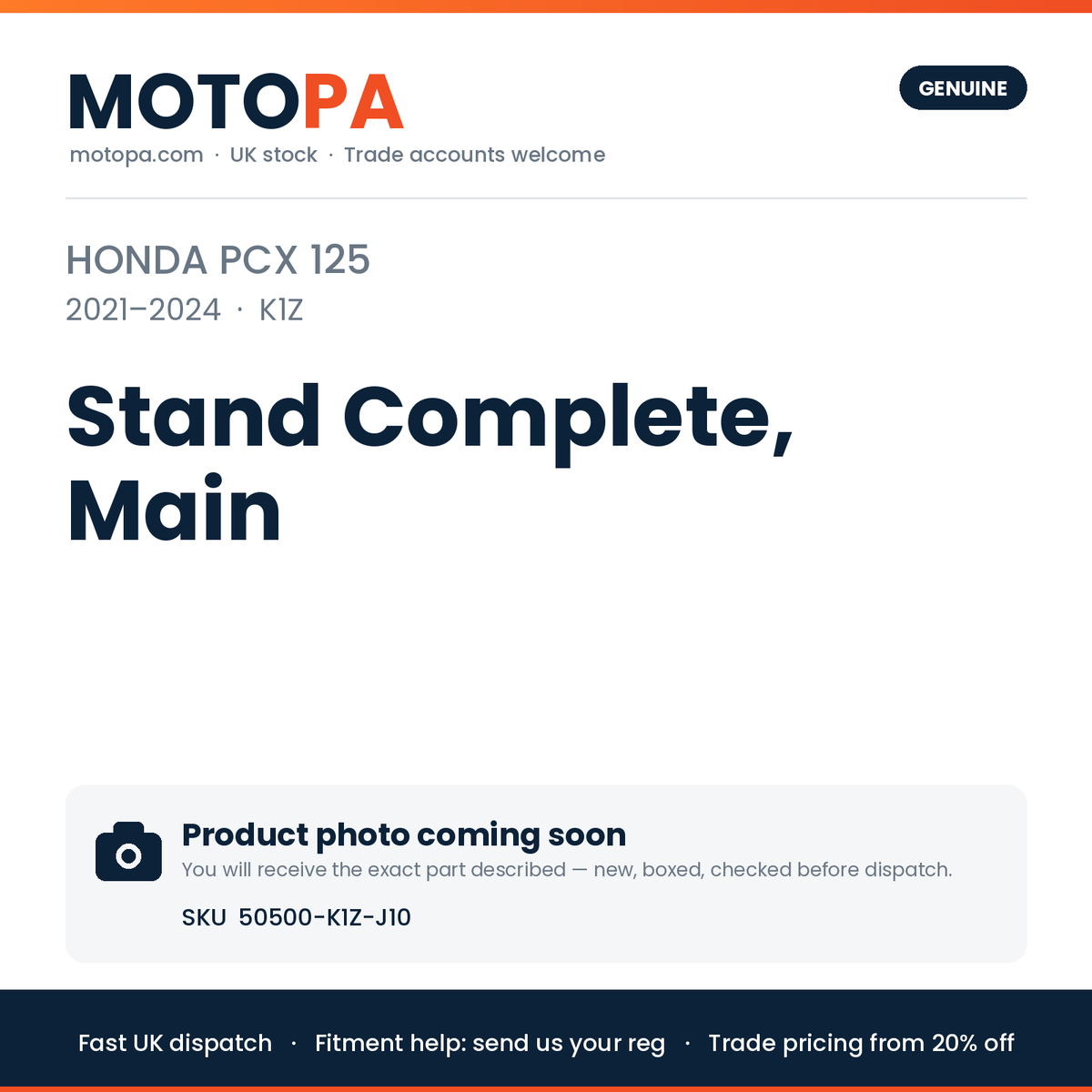 Genuine Honda PCX 125 2021-2024 Stand Complete, Main 50500-K1Z-J10 | SKU 50500-K1Z-J10 | photo coming soon