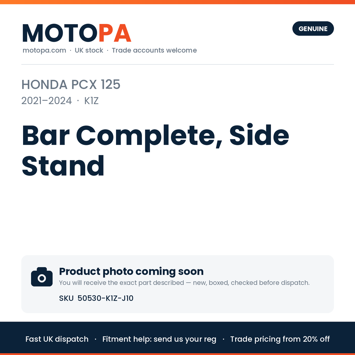 Genuine Honda PCX 125 2021-2024 Bar Complete, Side Stand 50530-K1Z-J10 | SKU 50530-K1Z-J10 | photo coming soon
