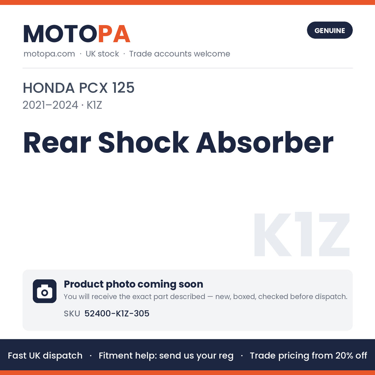 Genuine Honda PCX 125 2021-2024 Rear Shock Absorber 52400-K1Z-305 | SKU 52400-K1Z-305 | photo coming soon