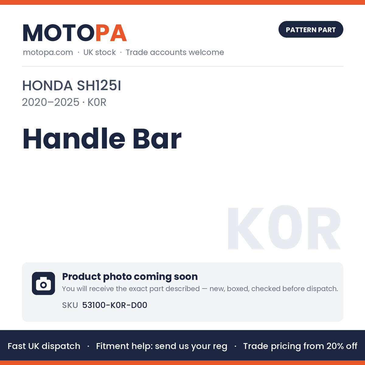 Fits Honda SH125i 2020-2025 Handle Bar 53100-K0R-D00 | MotoPa