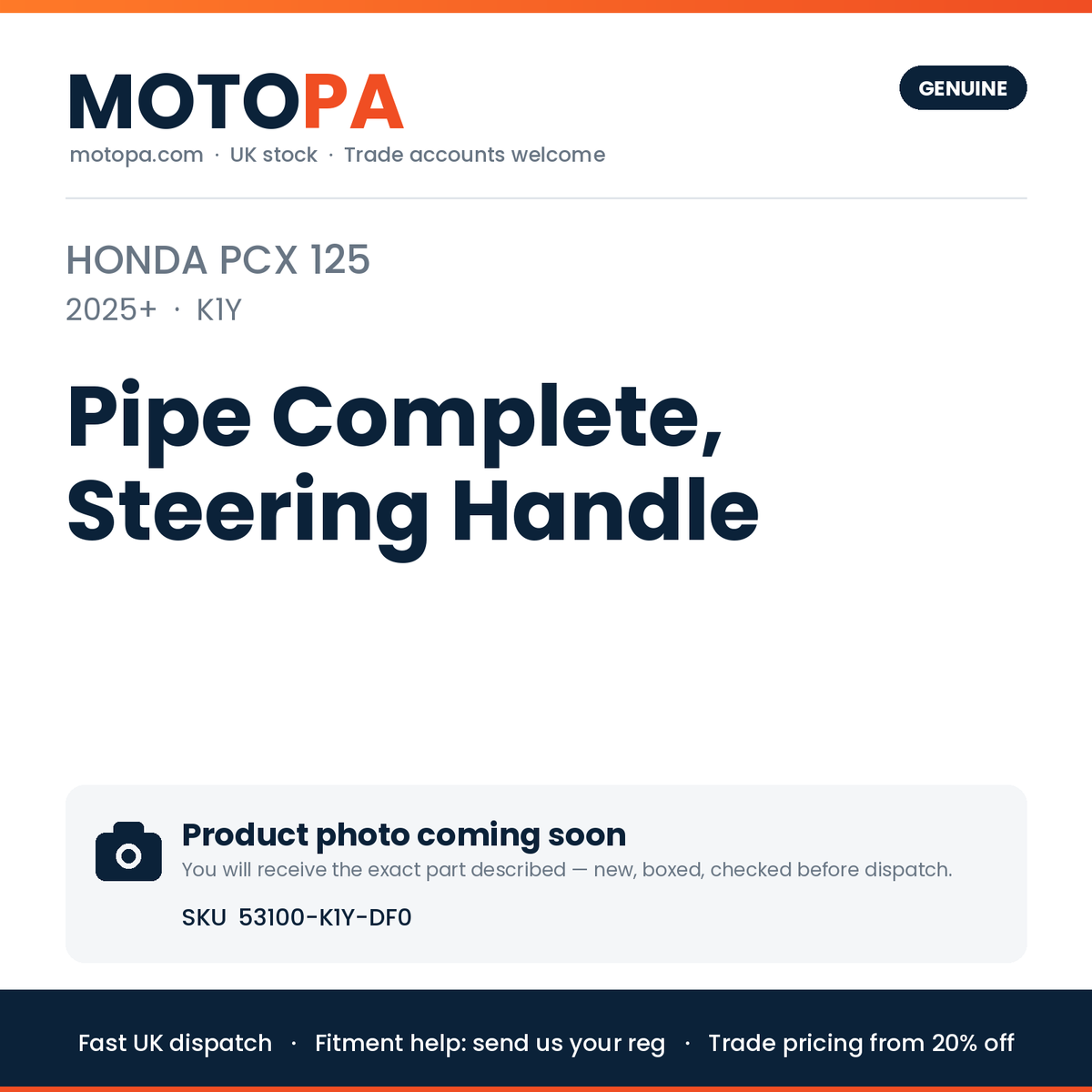Genuine Honda PCX 125 2025+ Pipe Complete, Steering Handle 53100-K1Y-DF0 | SKU 53100-K1Y-DF0 | photo coming soon