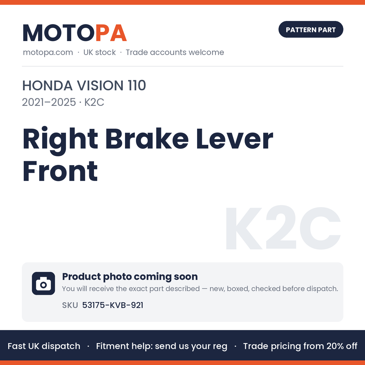 Fits Honda Vision 110 2021-2025 Right Brake Lever Front 53175-KVB-921 | MotoPa