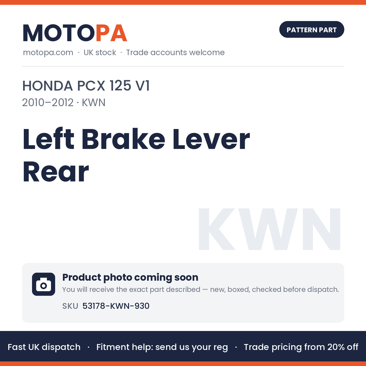 Fits Honda PCX 125 V1 2010-2012 Left Brake Lever Rear 53178-KWN-930 | MotoPa