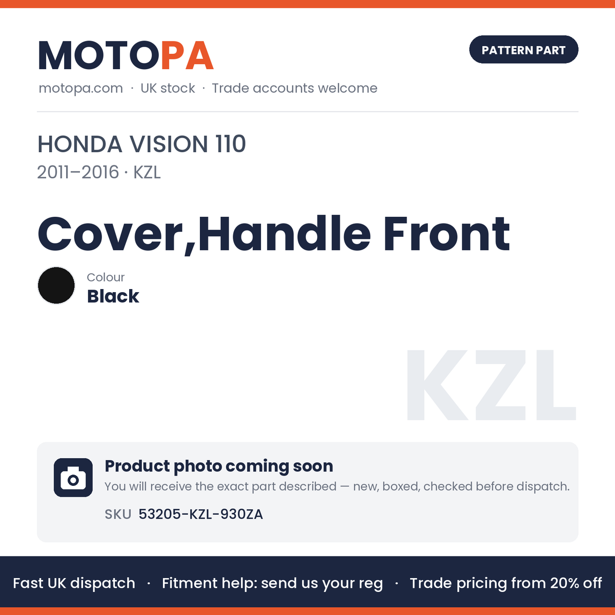 Fits Honda Vision 110 2011-2016 Cover,Handle Front Black 53205-KZL-930ZA | MotoPa