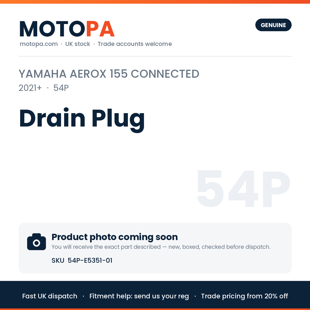Genuine Yamaha Aerox 155 Connected (import) 2021+ Drain Plug 54P-E5351-01 | SKU 54P-E5351-01 | photo coming soon