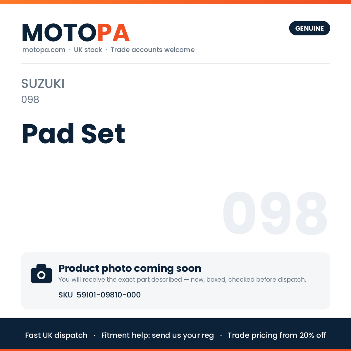 Genuine Suzuki Suzuki (import) Pad Set 59101-09810-000 | SKU 59101-09810-000 | photo coming soon