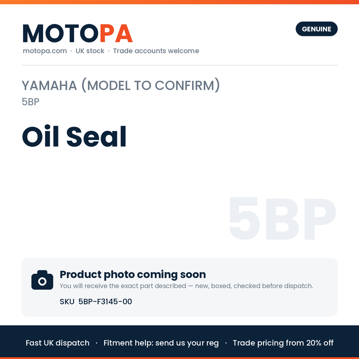 Genuine Yamaha Yamaha (model to confirm) Oil Seal 5BP-F3145-00 | SKU 5BP-F3145-00 | photo coming soon
