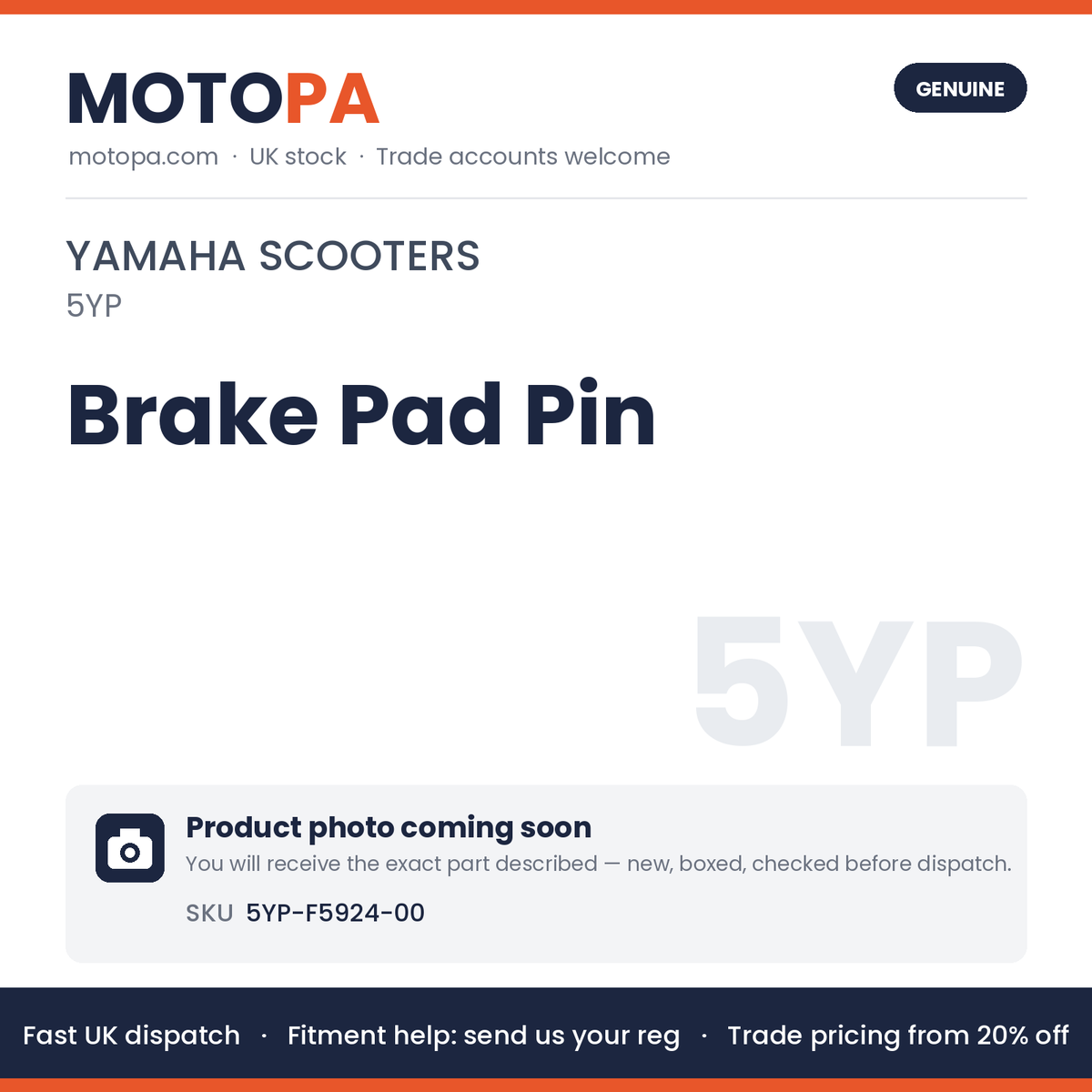Genuine Yamaha Brake Pad Pin 5YP-F5924-00 | SKU 5YP-F5924-00 | photo coming soon