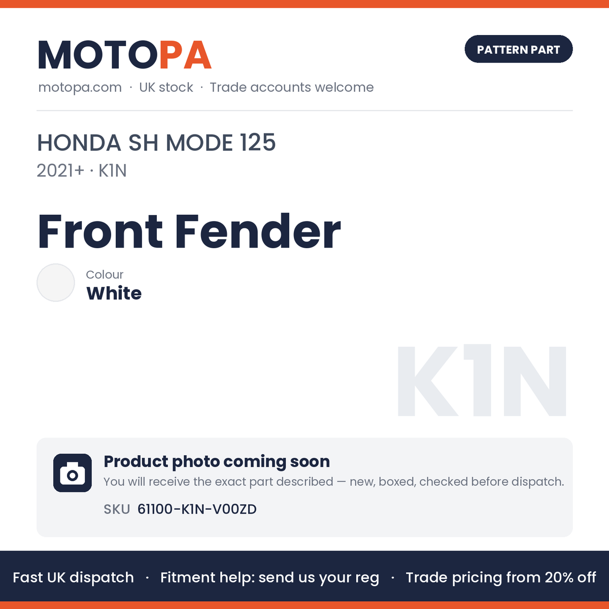 Fits Honda SH Mode 125 2021+ Front Fender White 61100-K1N-V00ZD | MotoPa