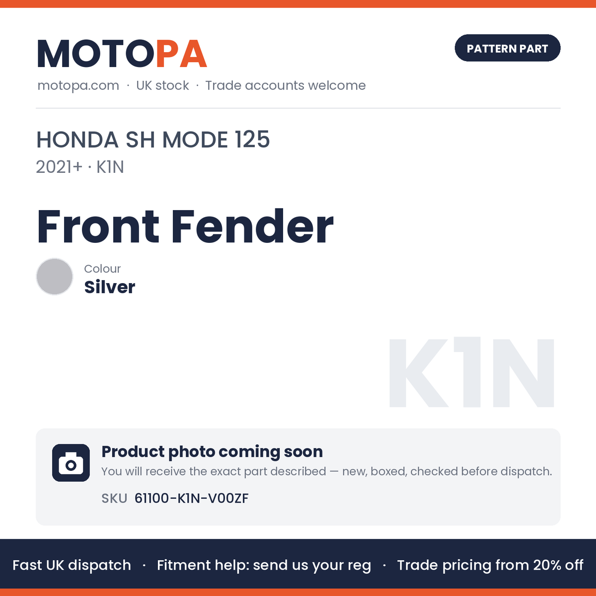 Fits Honda SH Mode 125 2021+ Front Fender Silver 61100-K1N-V00ZF | MotoPa