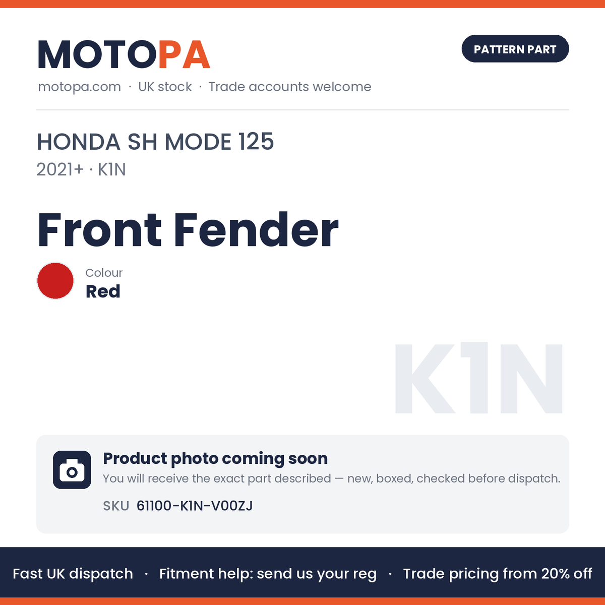 Fits Honda SH Mode 125 2021+ Front Fender Red 61100-K1N-V00ZJ | MotoPa