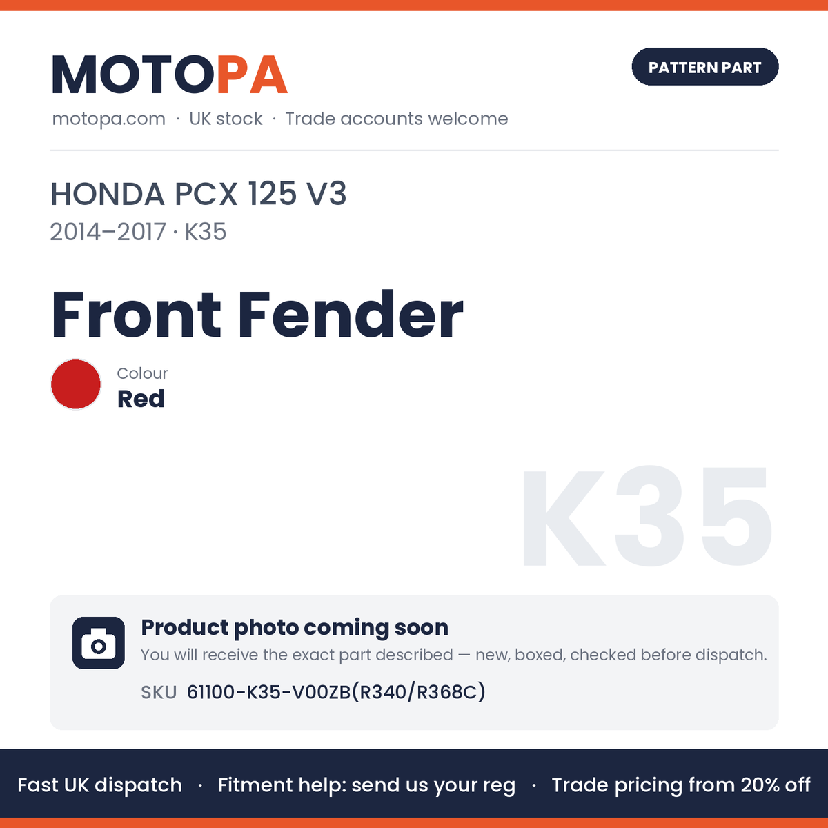 Fits Honda PCX 125 V3 2014-2017 Front Fender Red 61100-K35-V00ZB(R340/R368C | MotoPa