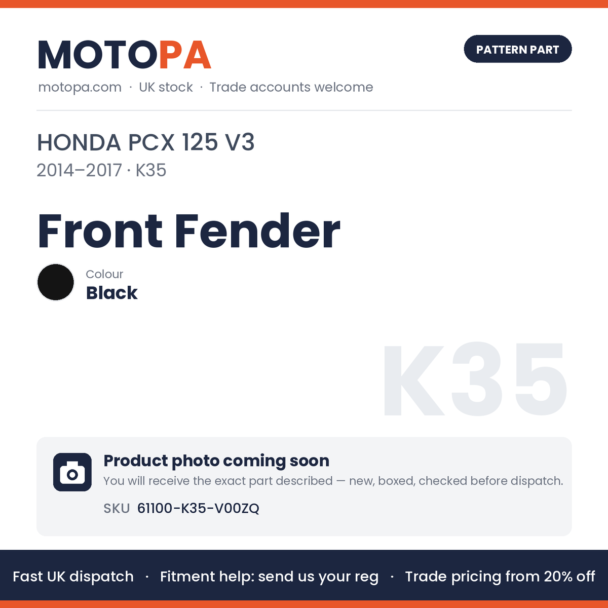 Fits Honda PCX 125 V3 2014-2017 Front Fender Black 61100-K35-V00ZQ | MotoPa