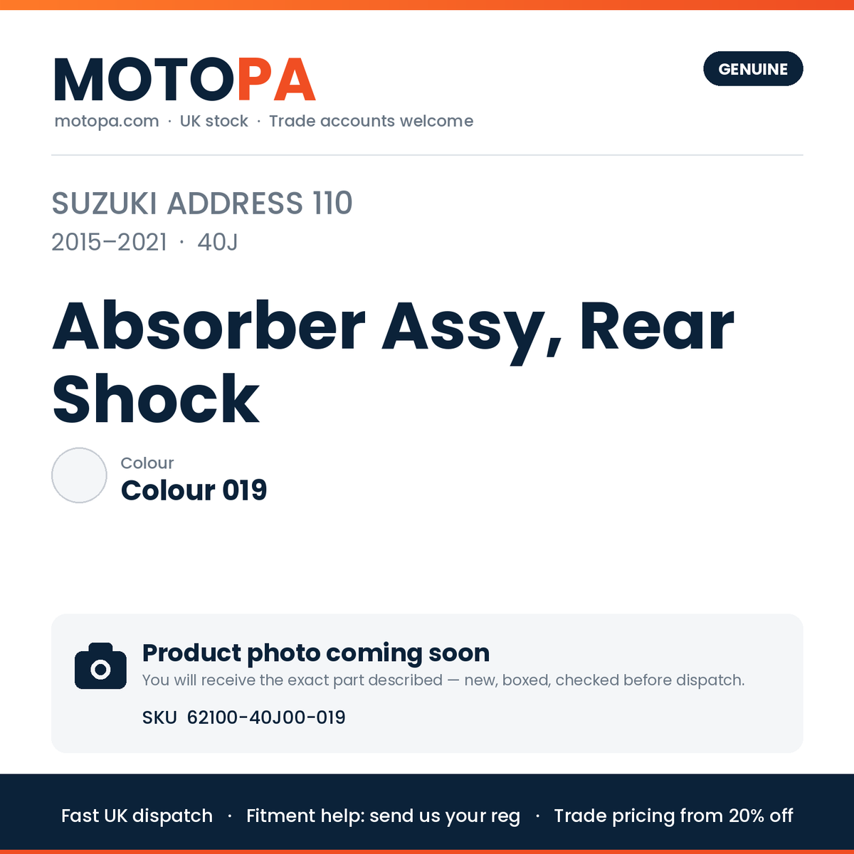 Genuine Suzuki Address 110 2015-2021 Absorber Assy, Rear Shock 62100-40J00-019 | SKU 62100-40J00-019 | photo coming soon