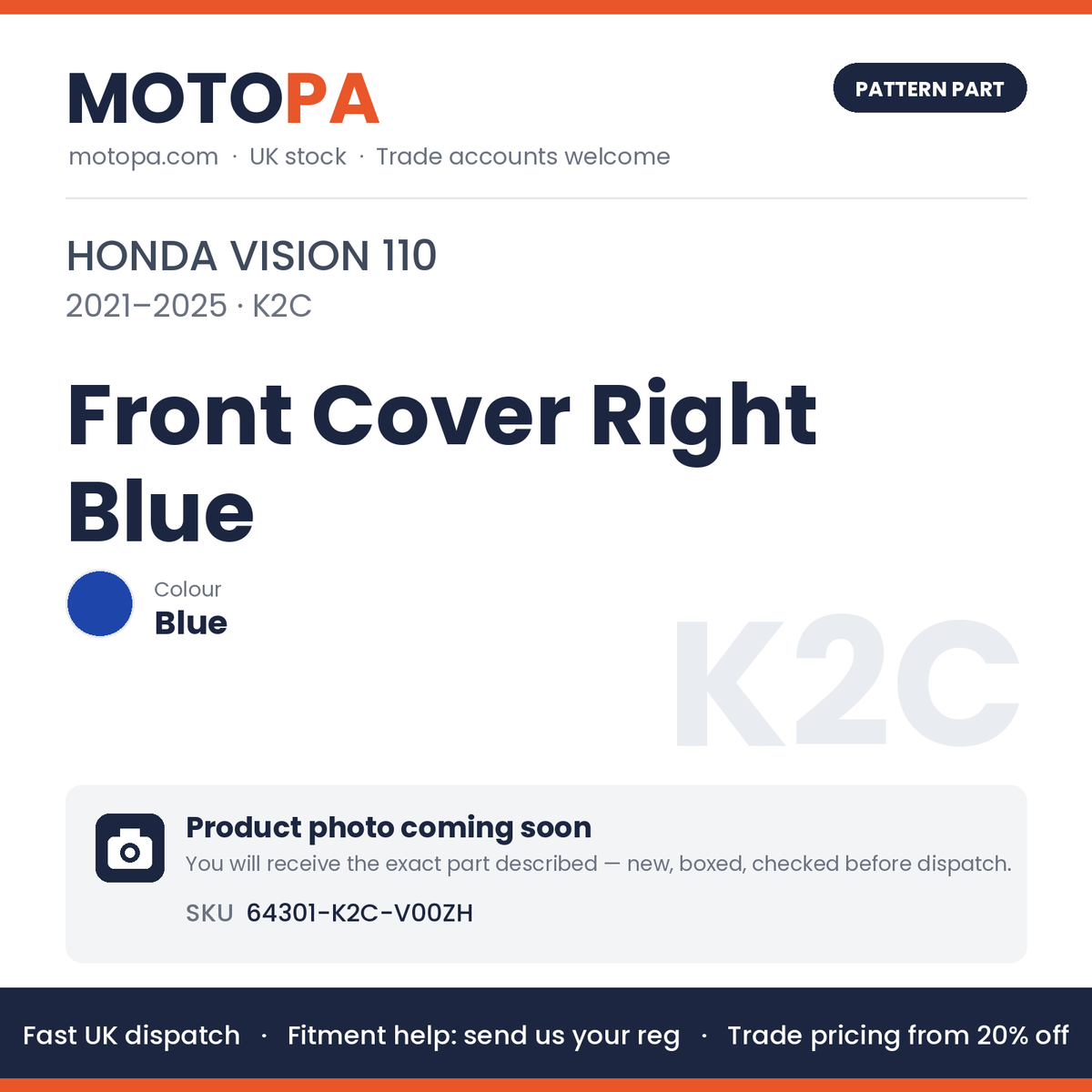 Fits Honda Vision 110 2021-2025 Front Cover Right Blue Blue 64301-K2C-V00ZH | MotoPa