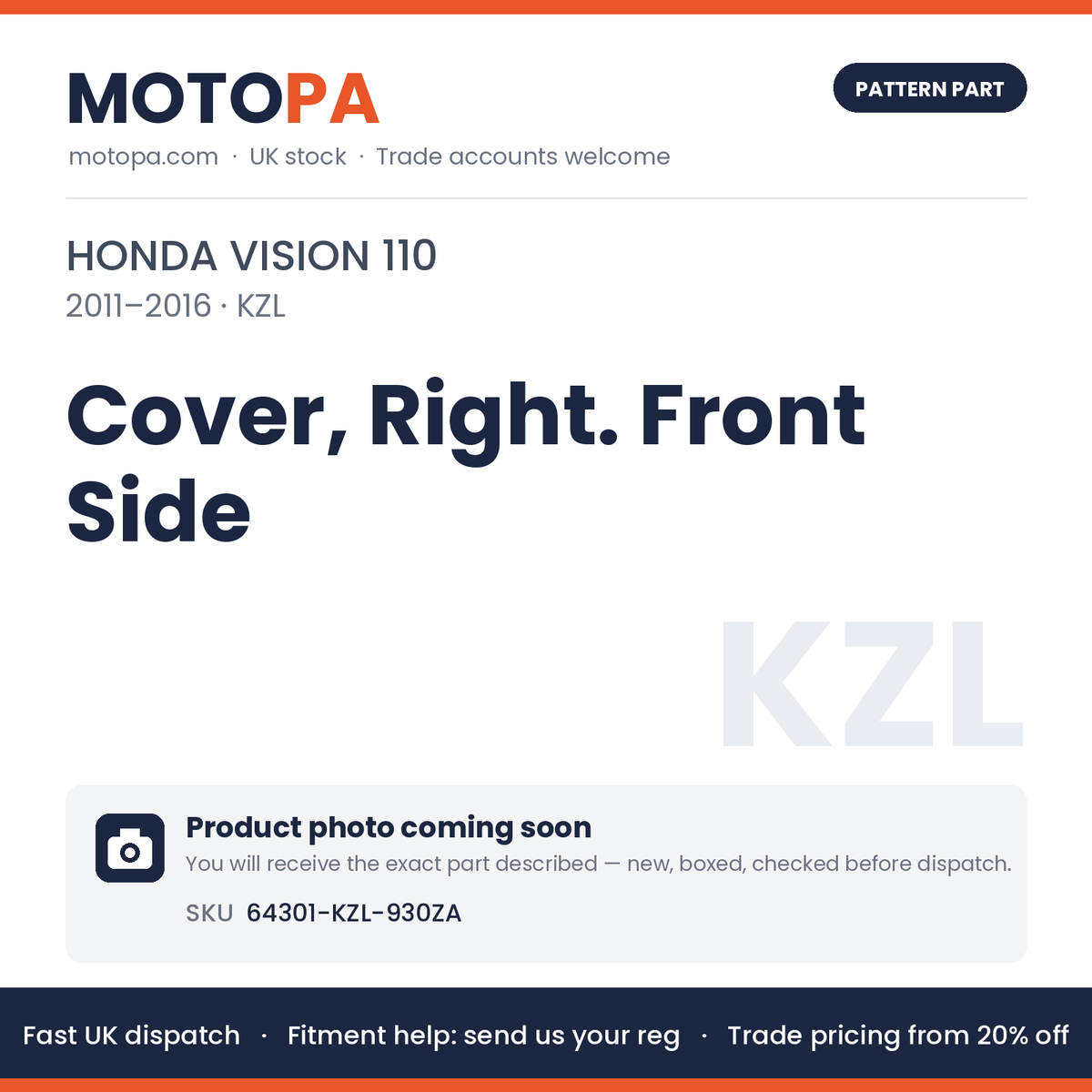 Fits Honda Vision 110 2011-2016 Cover, Right. Front Side 64301-KZL-930ZA | MotoPa