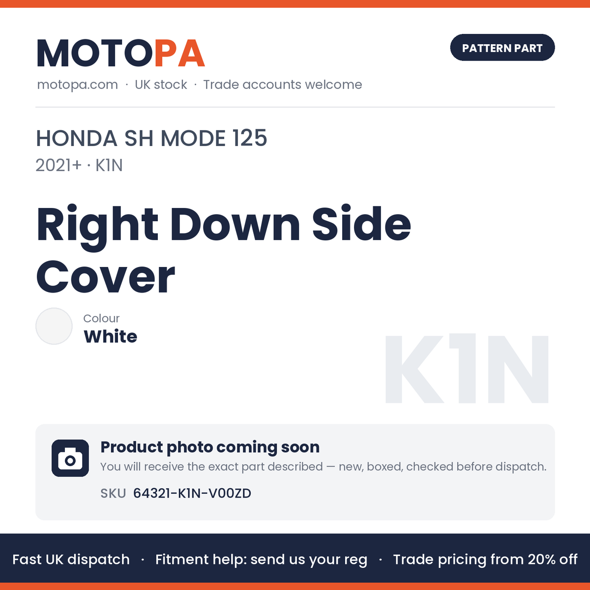 Fits Honda SH Mode 125 2021+ Right Down Side Cover White 64321-K1N-V00ZD | MotoPa