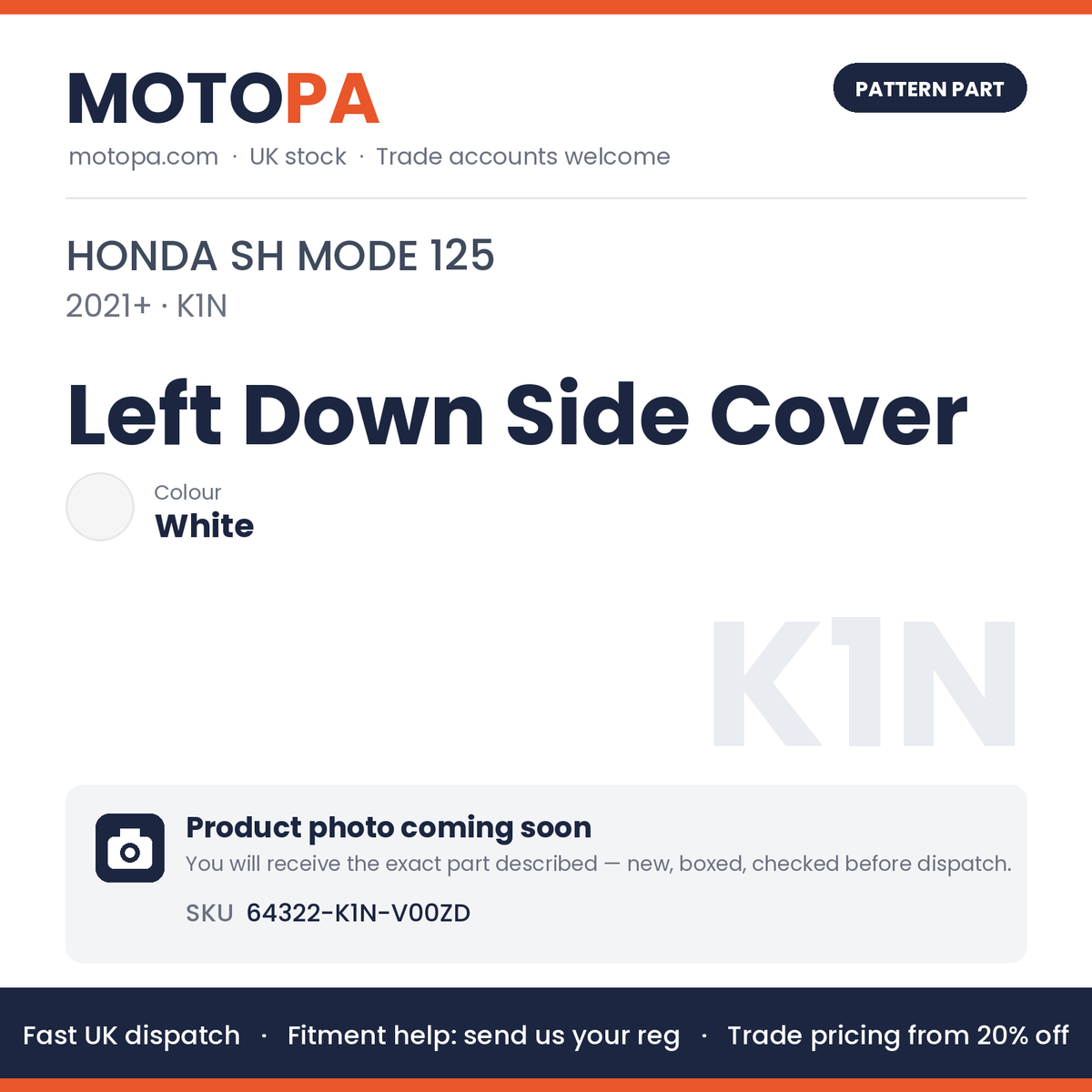 Fits Honda SH Mode 125 2021+ Left Down Side Cover White 64322-K1N-V00ZD | MotoPa