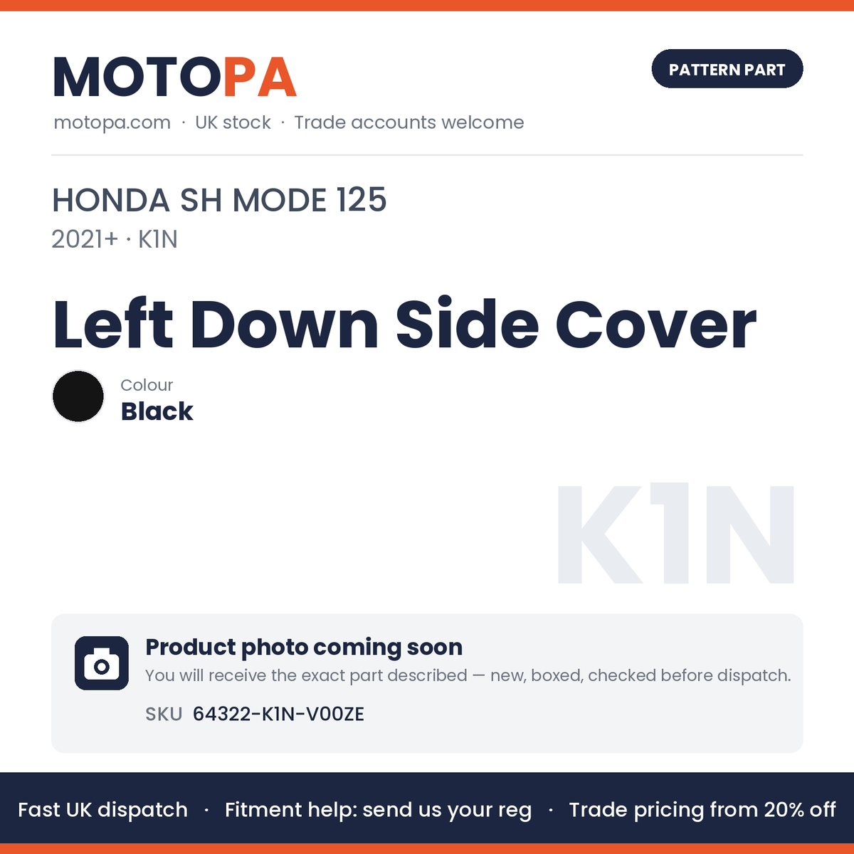 Fits Honda SH Mode 125 2021+ Left Down Side Cover Black 64322-K1N-V00ZE | MotoPa