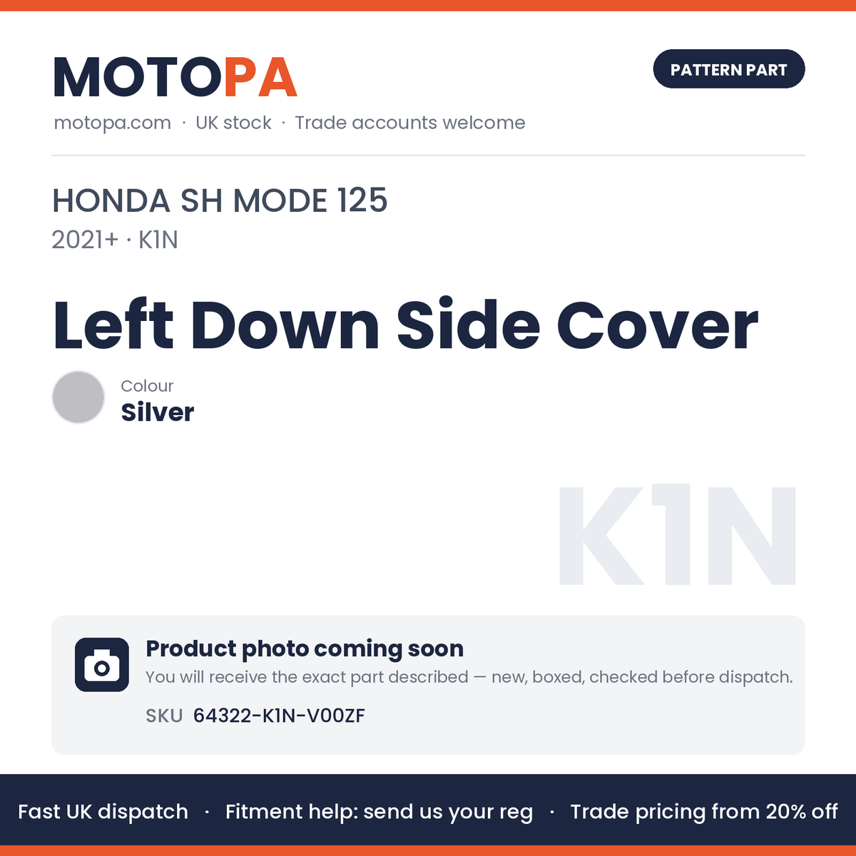 Fits Honda SH Mode 125 2021+ Left Down Side Cover Silver 64322-K1N-V00ZF | MotoPa