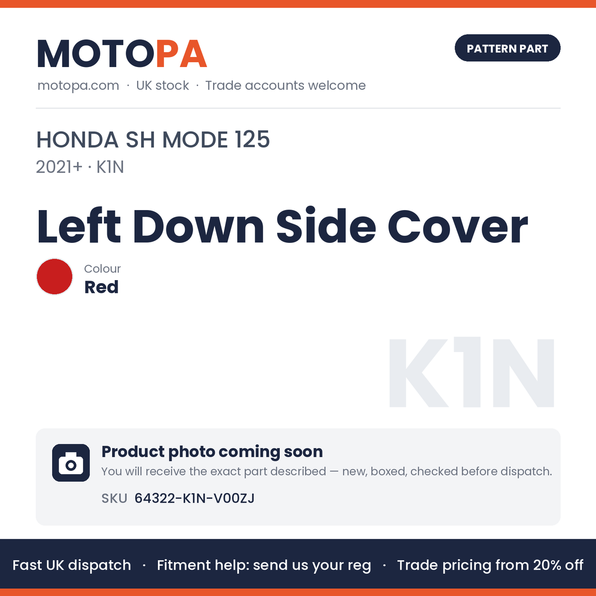 Fits Honda SH Mode 125 2021+ Left Down Side Cover Red 64322-K1N-V00ZJ | MotoPa